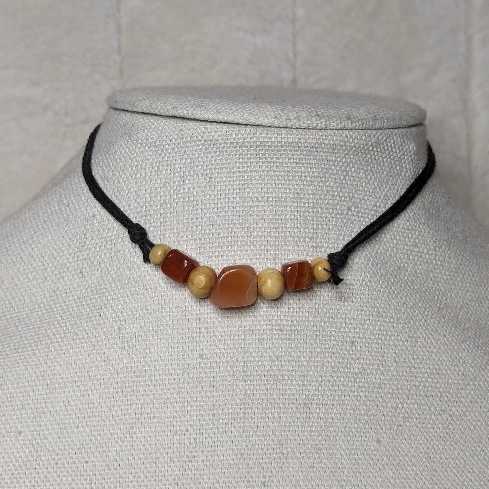 Carnelian Chunk and Wood Beaded Boho Hippie Adjustable Necklace